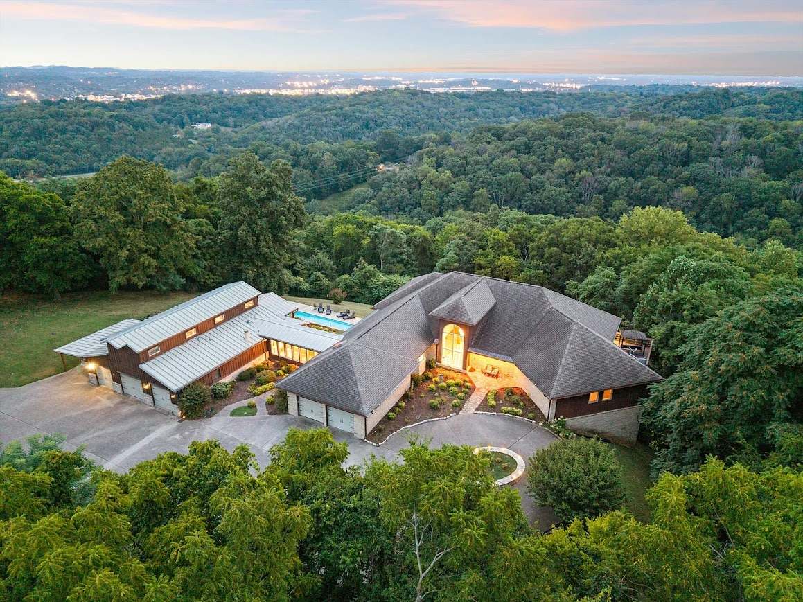 Aerial view of Lumsley Lookout at dusk overlooking Nashville